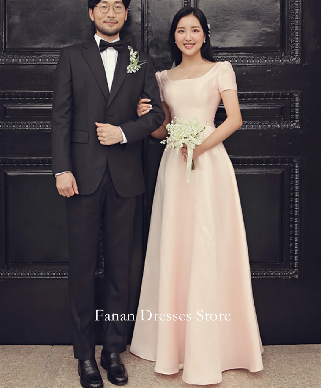 

FANAN Square Neck A-Line Evening Party Dresses Korea Pink Corset Short Sleeves Wedding Women Gowns Event Prom Gowns Customized