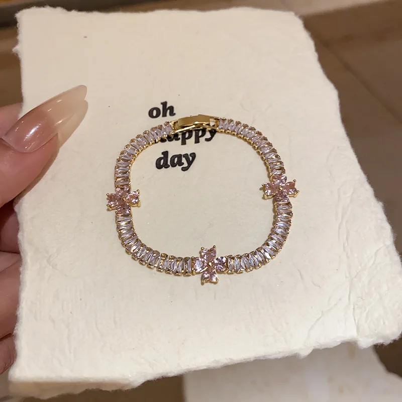 Sparkling Zircon Heart Flower Adjustable Cuff - Korean Style Dainty Statement Jewelry