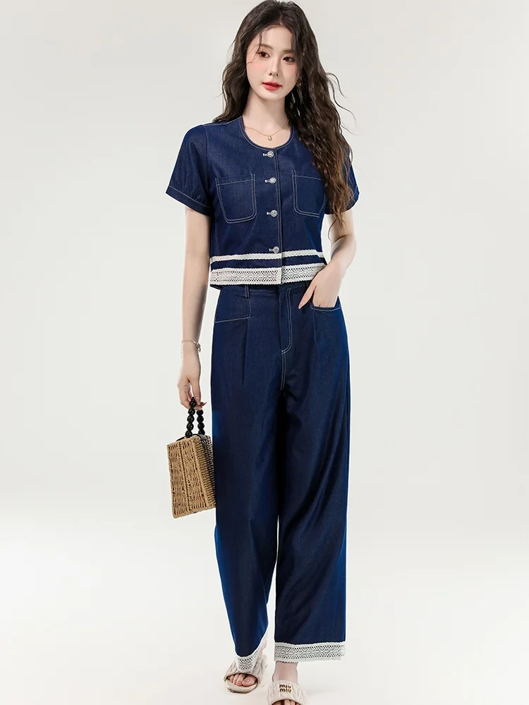 

SMTHMA High Quality New Fashion Design Lace Patchwork Tencel Denim Two-Piece Set Women's Elastic Waist Pants 2 Piece Outfits