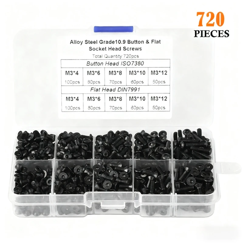 720Pcs M3 screw set M3X4/6/8/10/12, Alloy steel Allen Hexagon Hex Socket cap Button & Flat Head Screws Assortment Kit for drones