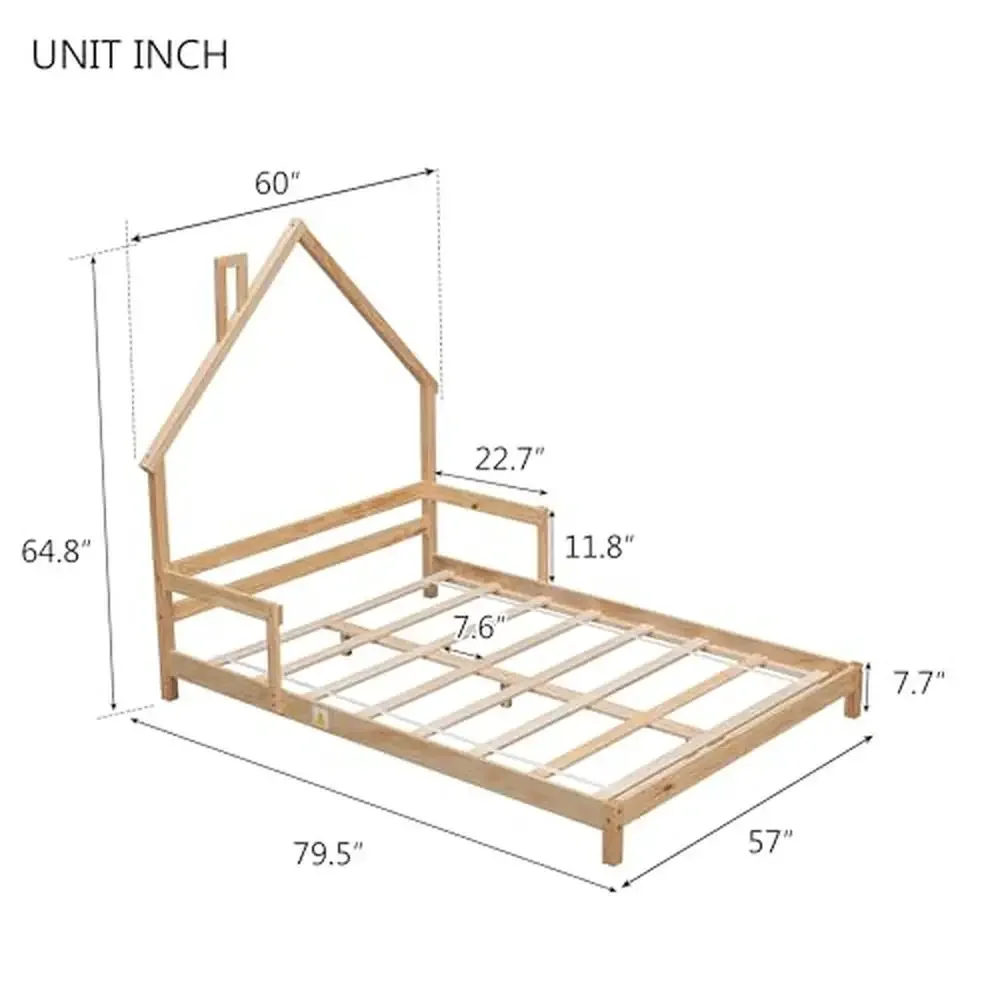 House-Shaped Headboard Full Size Kids Bed with Handrails Low Platform Boys Girls Bed No Box Spring Needed Pine Wood Construction