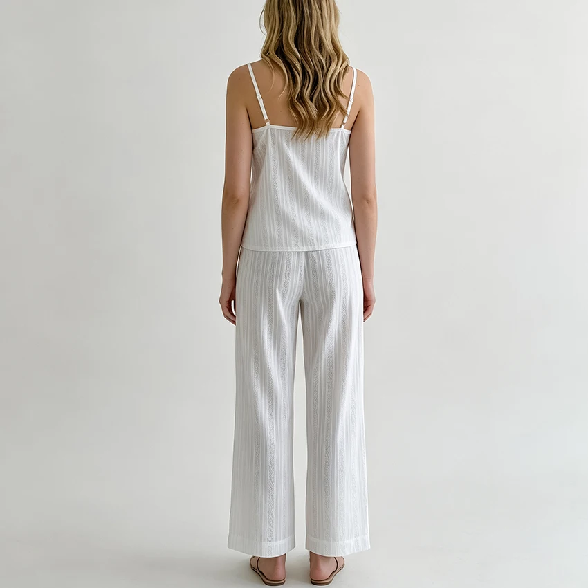 HiLoc White Casual Woven Inelastic Women Pajamas 2-Piece Sleeveless Single-Breasted Camisole Top Elastic Waist Full Length Pants