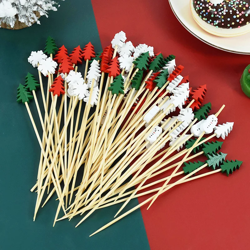 50/100pcs Christmas Disposable Bamboo Skewers Food Cocktail Picks Buffet Fruit Cupcake Fork Sticks New Year Party Decor Supplies