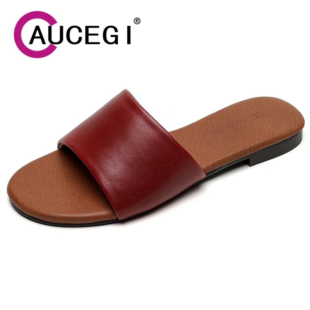 

Aucegi/летние пикантные нескользящие пляжные тапочки с круглым носком, модные новые элегантные уличные женские туфли на плоской подошве из натуральной кожи