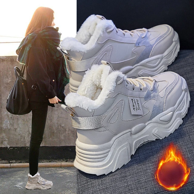 Platform Sneakers Wide Width women s Winter Platform Sneakers Warm Plush Lining Lace up Non slip