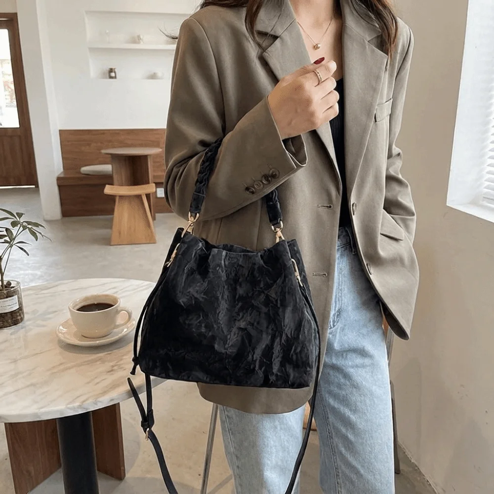 PU Drawstring Bucket Bag Textured Fabric Woven Top Handle Crossbody Bag Removable Strap Adjustable Handbag Travel