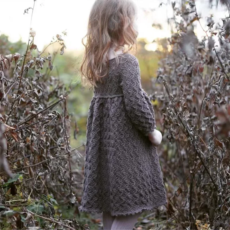 

Jenny&Dave Children's knitted dress, girls' hollowed out jacquard dress, autumn wool dress, round neck, long sleeves, pure cotto