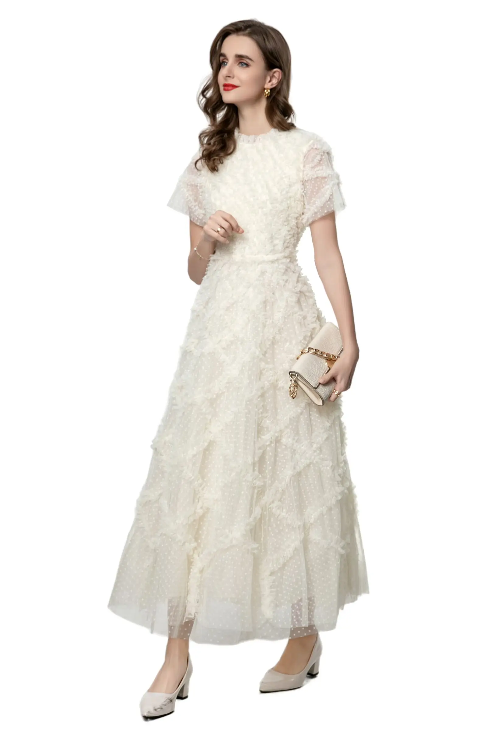 Meyyithun novo vestido feminino em torno do pescoço de manga curta malha em camadas babados borda elegante boêmio vestido de baile baile 0317mz01