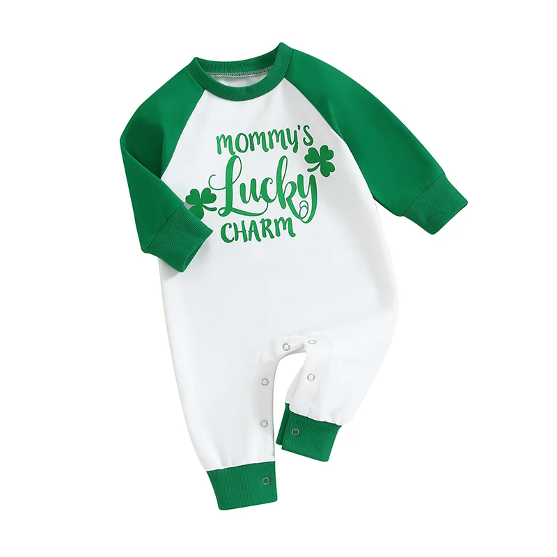 Infant Baby Irish Festivals Jumpsuit Shamrock&Letter Print Round Neck Long Sleeve Full Length Romper St. Patrick 's Day Outfit