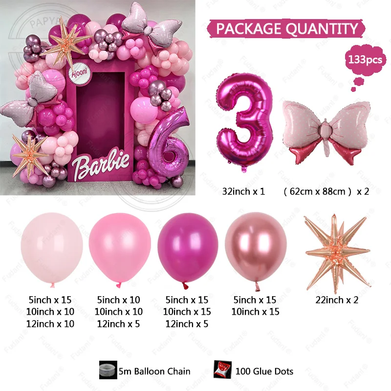 133 szt. Różowe metalowe balony lateksowe łuk węzeł 32 \'\'numer 1-9 piłka foliowa Baby Shower Kids Girl dekoracje na imprezę urodzinową tło