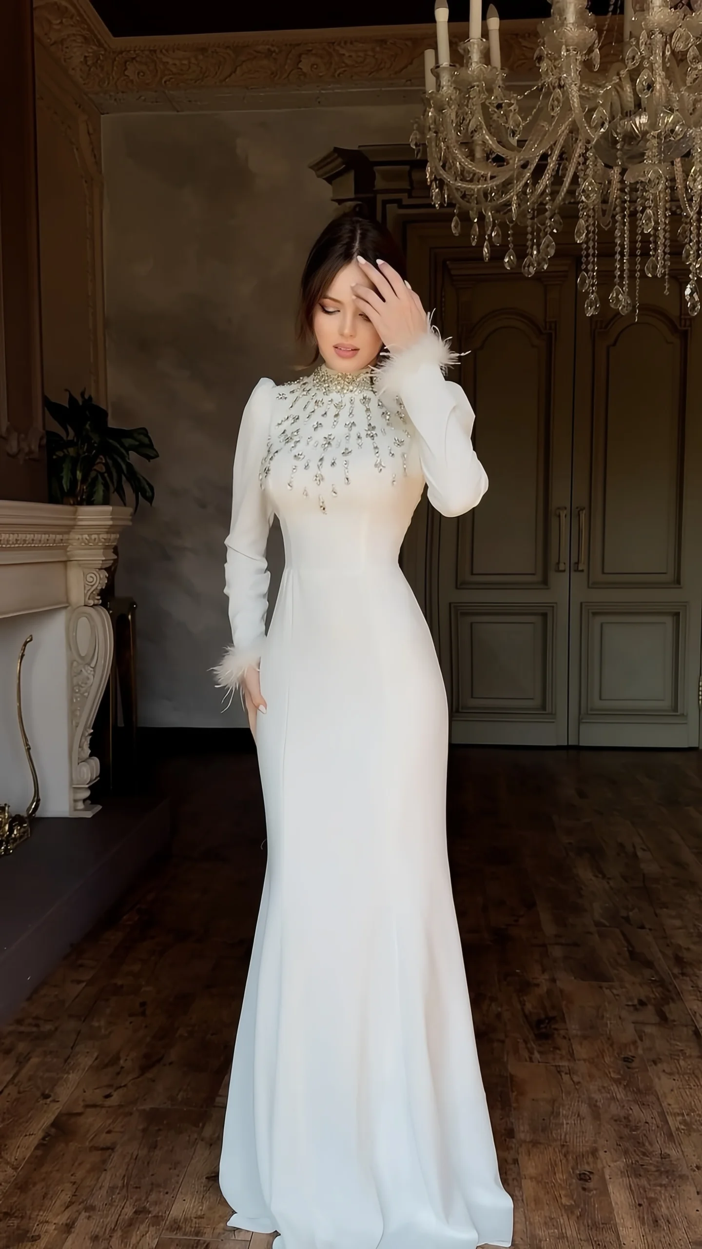 Aenyrst Elegant High Neck Prom Gown Women Beaded Long Sleeve Party Evening Dress Ankle Length customized Special Occasion Gowns