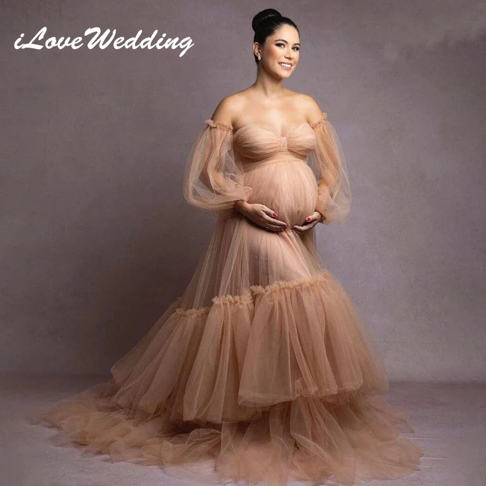 

ILoveWedding Elegant Khaki Tulle Maternity Dresses for Photo Shoot Illusion Ruffled Tiered Pregnant Gown Photography Baby Shower