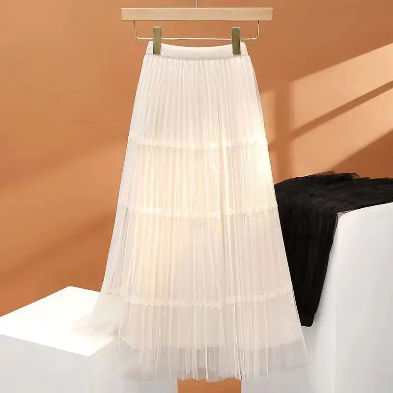 Pleated Skirt with Elastic Waist  Ladies Monochrome Gauze Slim Midi Skirt Korean Lace All-match Classic  Casual Summer Fashion