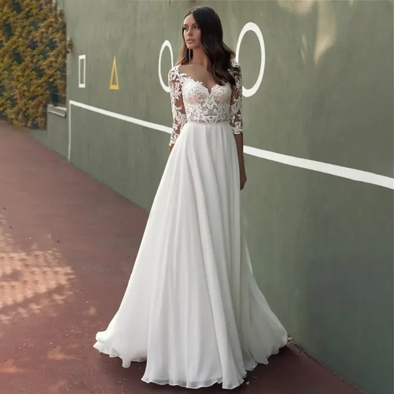 Flavinke Lace Wedding Dresses Women Chiffon Boho Appliques Bridal Gowns Half Sleeve Beach Vestidos De Novia Casamento Civil