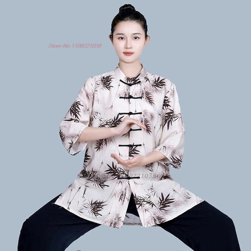 

2025 chinese tai chi wushu clothing flower print morning practice training tops+pants set martial arts kungfu training exercise