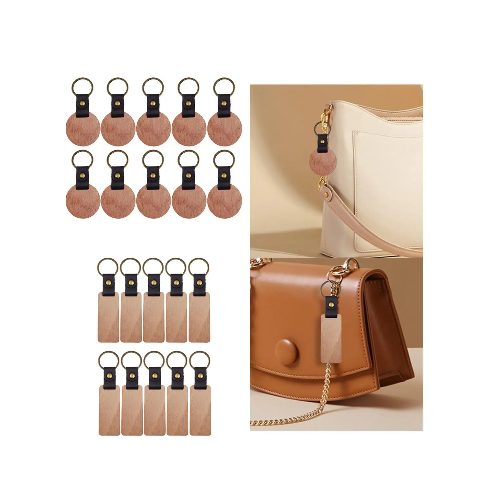 10 Pieces Wooden Keychain Keychain Holder Leather Strap Keyring Unfinished Key Tag for Accessories Bag Pendant DIY Key Chains