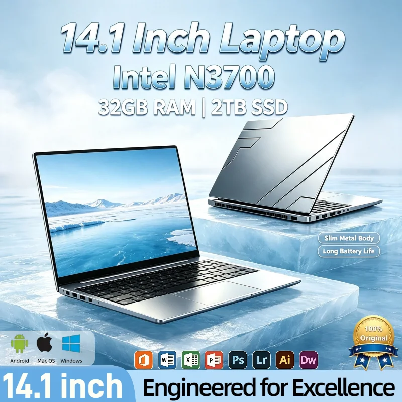 Intel N3700 Ultra Slim 14.1 Inch Laptop 16GB 2TB SSD 1920x1080 Gaming Notebook Office Study PC 4K Video Pro Max Elite