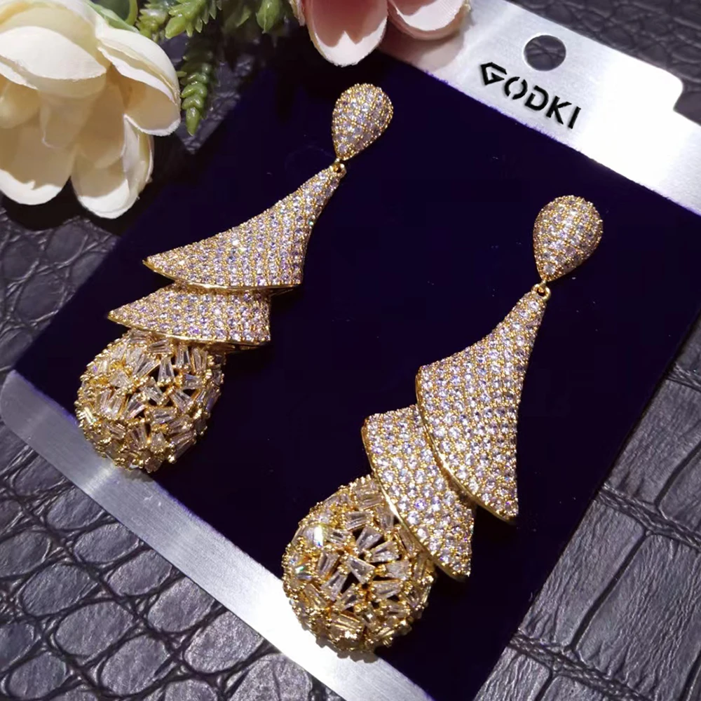 GODKI New Tricolor Bagutte Drop Earrings For Women Wedding Cubic Zircon Dubai Bridal Earrings Costume Jewelry Summer Party