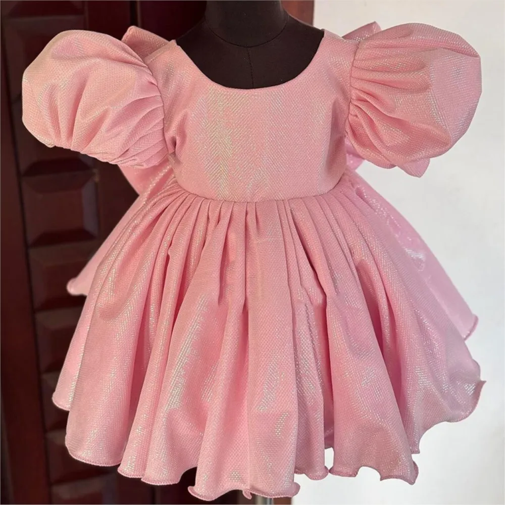 Girl's Birthday Dress Pink Bubble Sleeves Princess Dress Big Bow Sequin Fluffy party dress