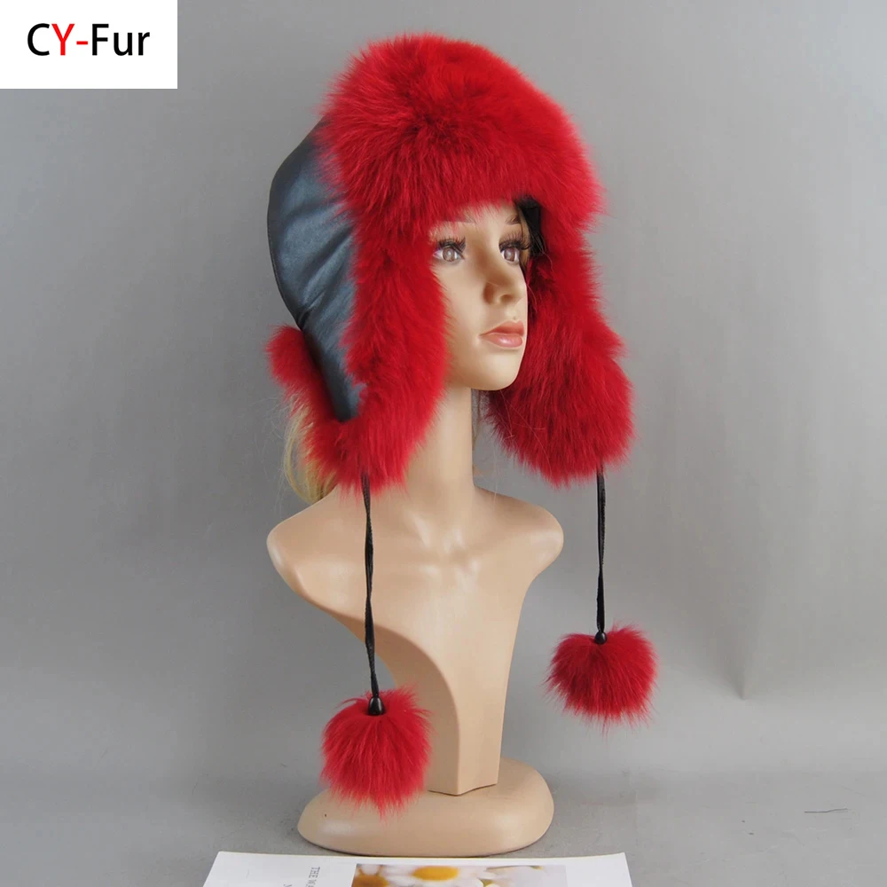 New Arrival Fur Hat for Women Natural Raccoon Fox Fur Russian Ushanka Hat Winter Thick Warm Ears Fashion Real Fox Fur Bomber Cap