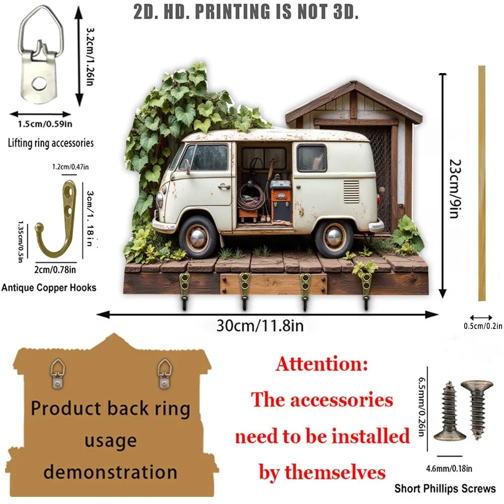 2D Flat, 1pc, Retro Van - Shaped Key Hook, Wooden Multifunctional Home Key Hook, with Four Metal Hooks, Wall Decor, Porch