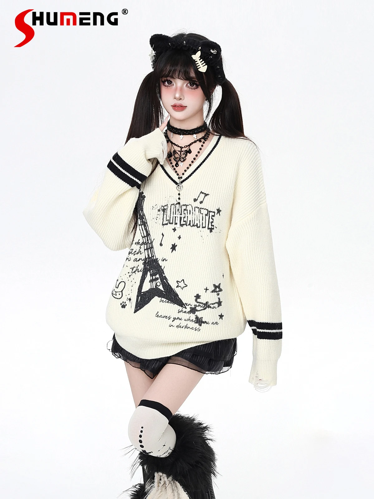 

Korean Fashion Sweet Cool Rock Girl Subculture Y2K Pullovers Tops V-Neck Long Sleeve Loose Casual Knitted Sweater Women Autumn