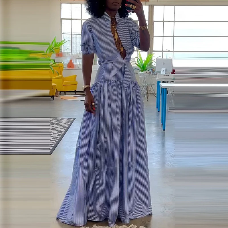 Striped Printed Shirt Dress Lace Up Waist Cinched Slimming Stand Collar Belt Big Skirt Hem Women Long Dresses Long Sleeve Robes
