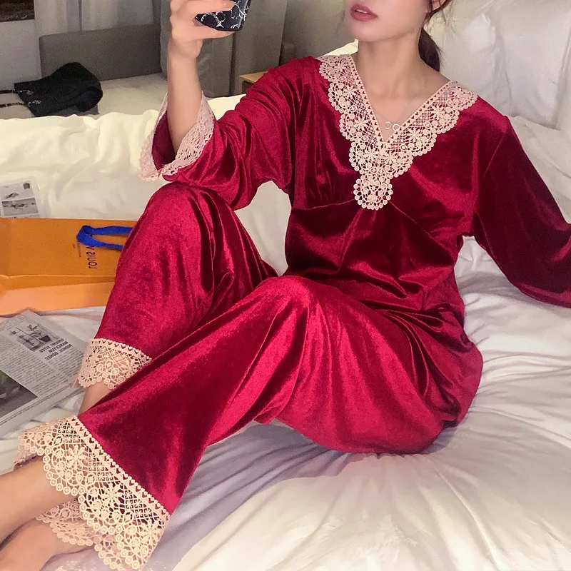 Velour Long Sleeve Trousers Set Velvet Pajamas Suit Winter New Velour Nightwear Home Clothes Loose Sleepwear Female Loungewear