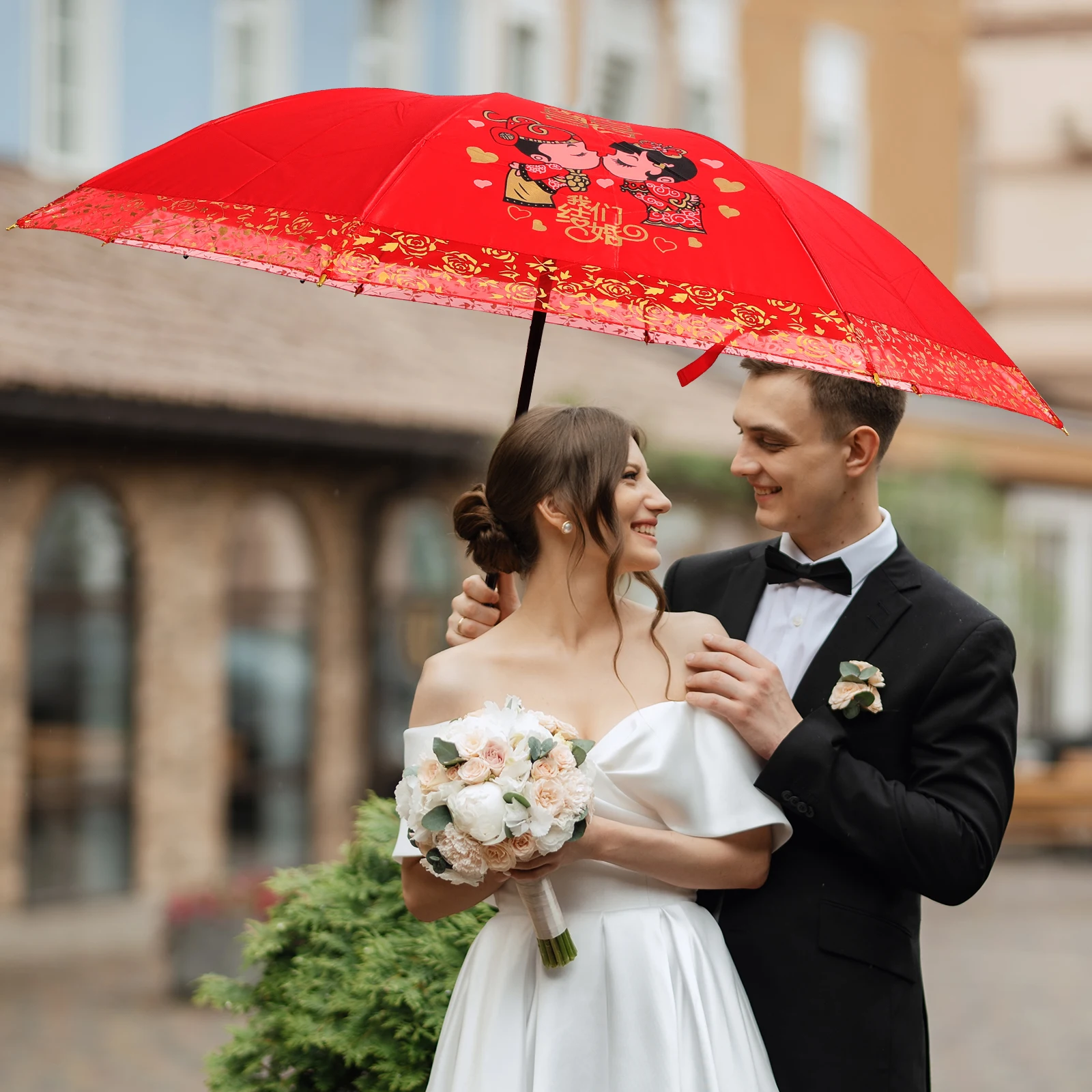 

Wedding Umbrella Bridal Red Foldable UV Imitation Silk Photo Prop Suitable for Wedding Party Theme Event Photography