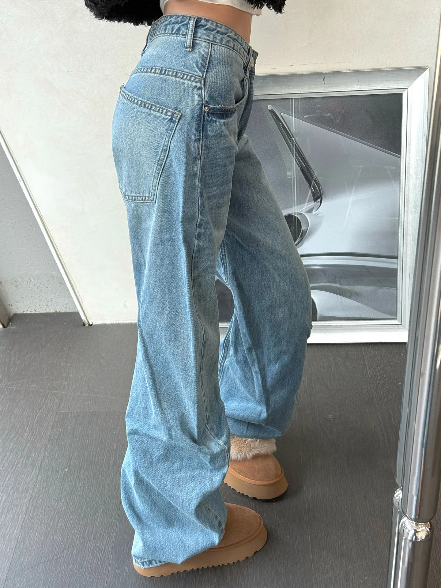 

Loose High Waist Straight Leg Blue Jeans Women's Casual Tummy Control Slimming Jeans Korean Sle Pleated Denim Pants