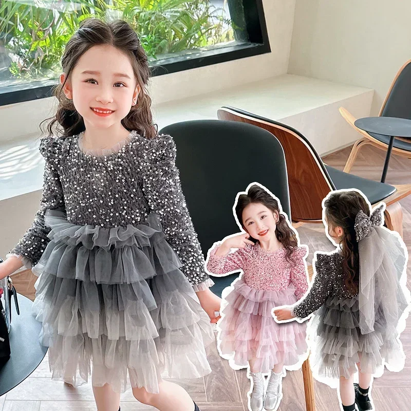 Shiny Kids Clothing Teenage Long Sleeve one-piece Robes High Waist Yarn Vestido Baby Girls dresses Lolita Elegant princess dress