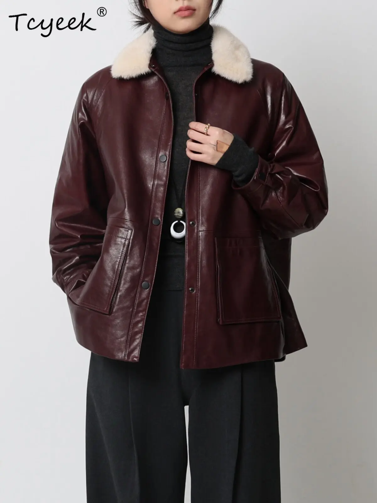 Tcyeek Real Leather Jackets for Woman Sheepskin Goose Down Coat Warm Mink Collar Winter Jacket Loose Fit Fashion Jaqueta Couro