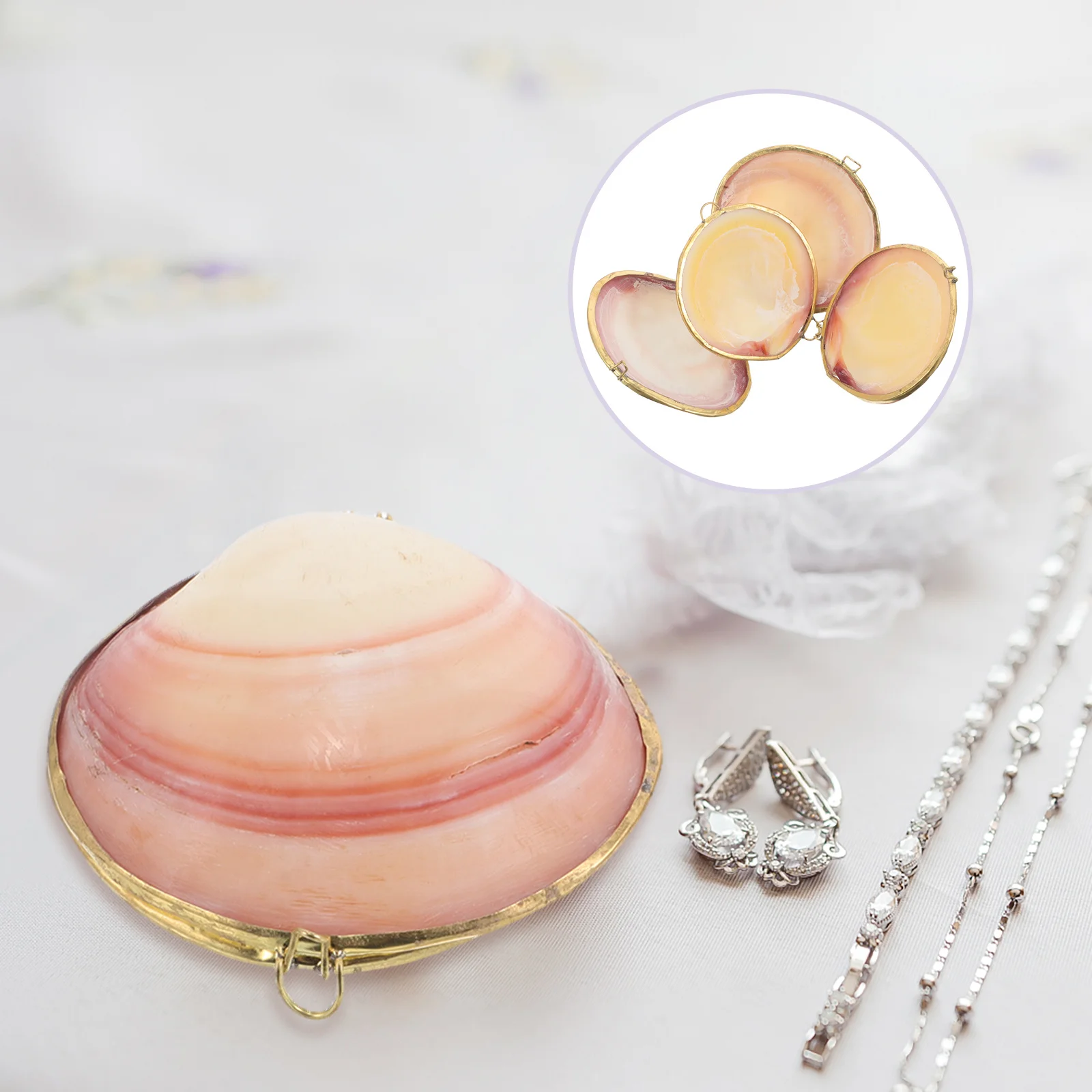 

2 шт., ретро шкатулка для драгоценностей в виде ракушек, органайзер для хранения с золотым краем, декоративный держатель для безделушек для колец, серег, ожерелий, туалетный столик