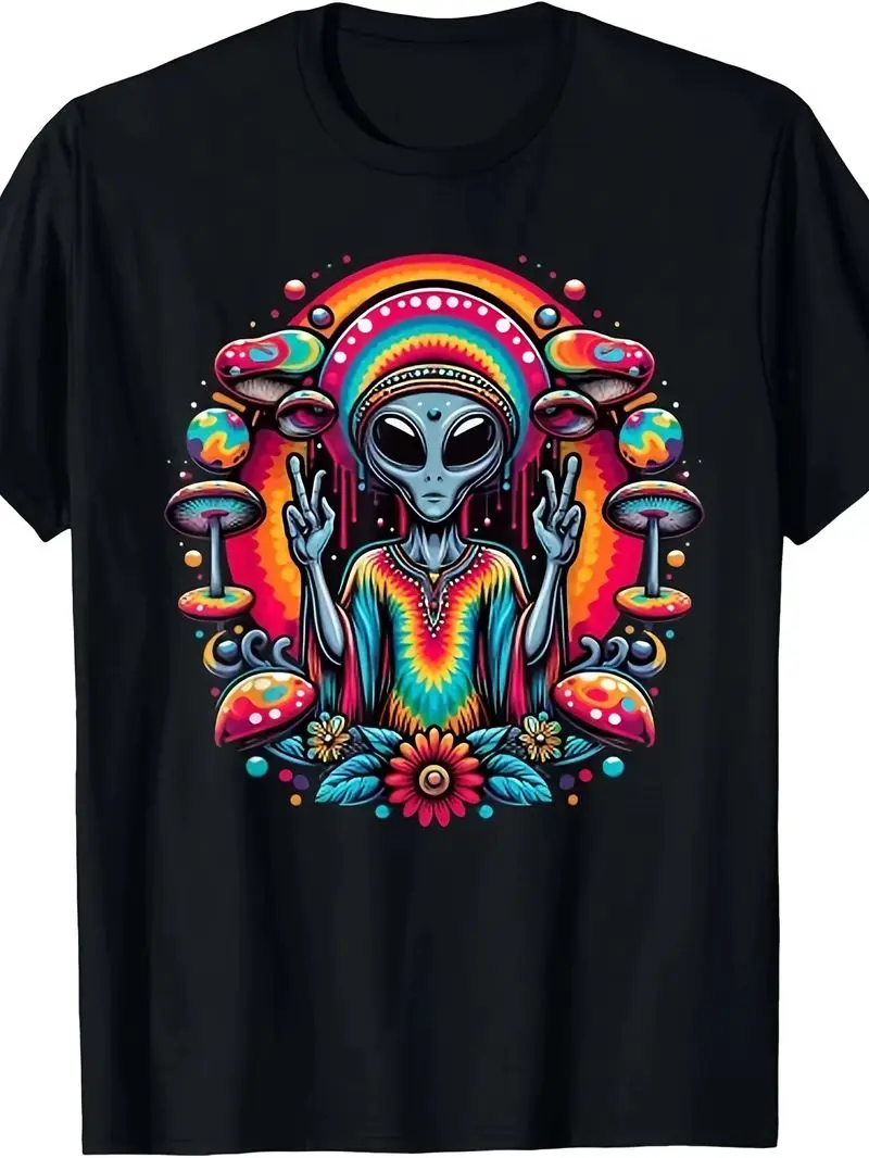 Unisex Tie-Dye Alien Peace Sign T-Shirt Boho Hippie Style Humorous Graphic Tee Men Women 220G Pure Cotton Short Sleeves Summer 2