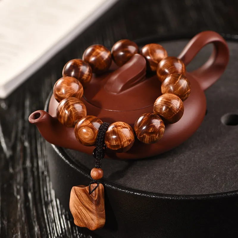 Chenghua Old Material Thuja Sutchuenensis Men's Bracelet: Water Wave Lightning Dragon Gall Pattern Buddhist Prayer Beads Gift