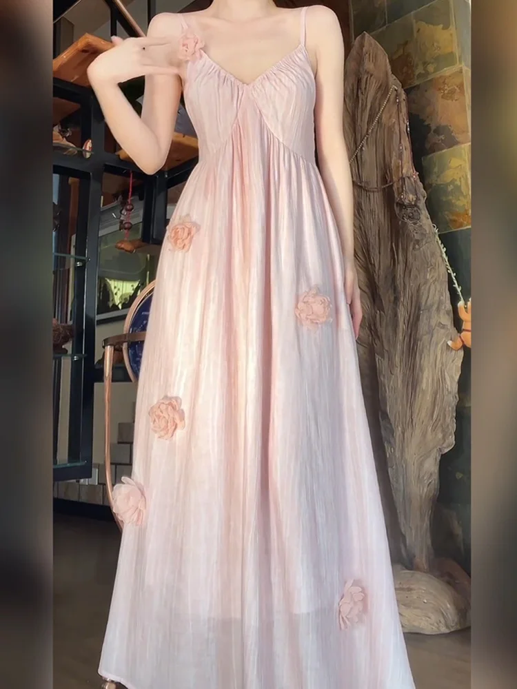 

XZY Gentle Summer Fairy Vaion Dr Women's plus Size Pink Flower Ne Hanging Long A-Line Skirt V-Ne Svel Dr