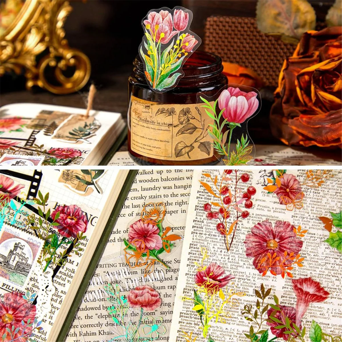 

ABJU Holographic Gold Foil Nature Flowers Plants Stickers 240Pcs Waterproof Clear Glitter Botanical Floral Scrapbook Stickers