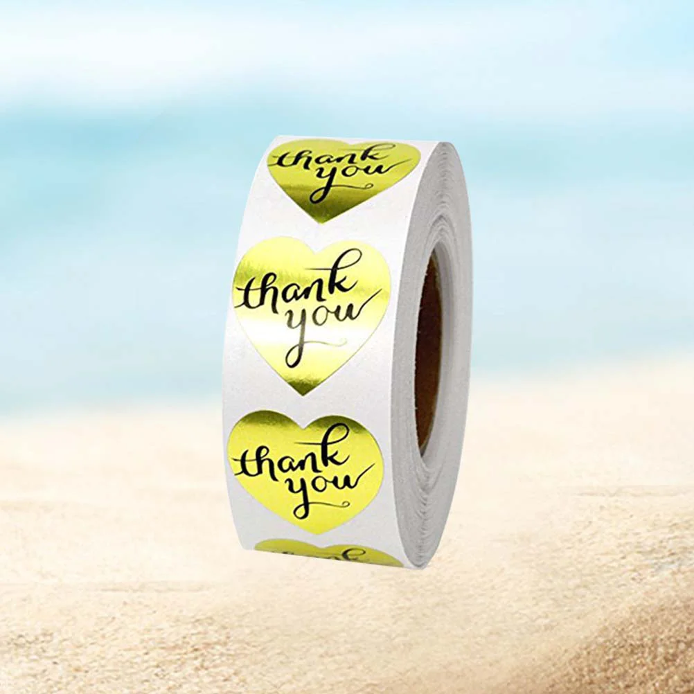 1 Roll 500pcs Cartoon Thank You Letters Heart-shaped Gold Label Stickers Roll Decals for Holiday Festival Birthday Party New