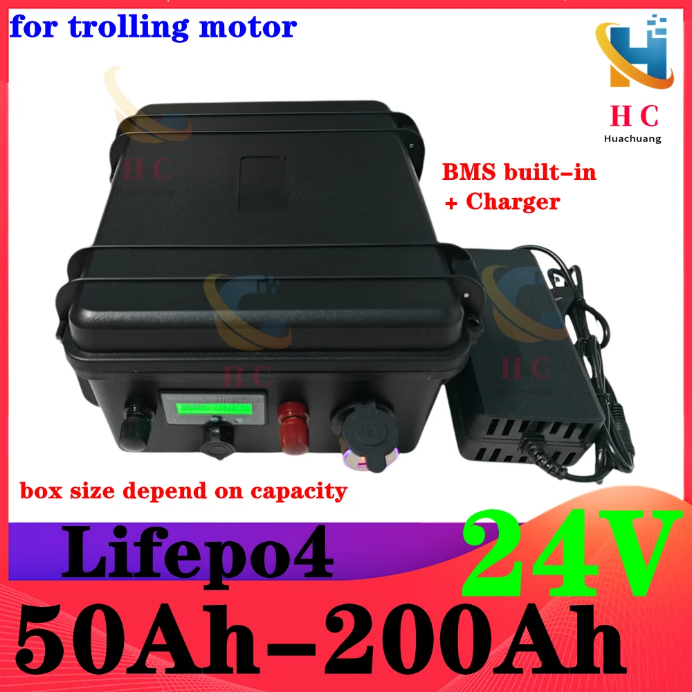 

Waterproof Lifepo4 24V 50Ah 60Ah 80Ah 100Ah 120Ah 150Ah 200Ah lithium battery with BMS for trolling motor inverter +10A Charger