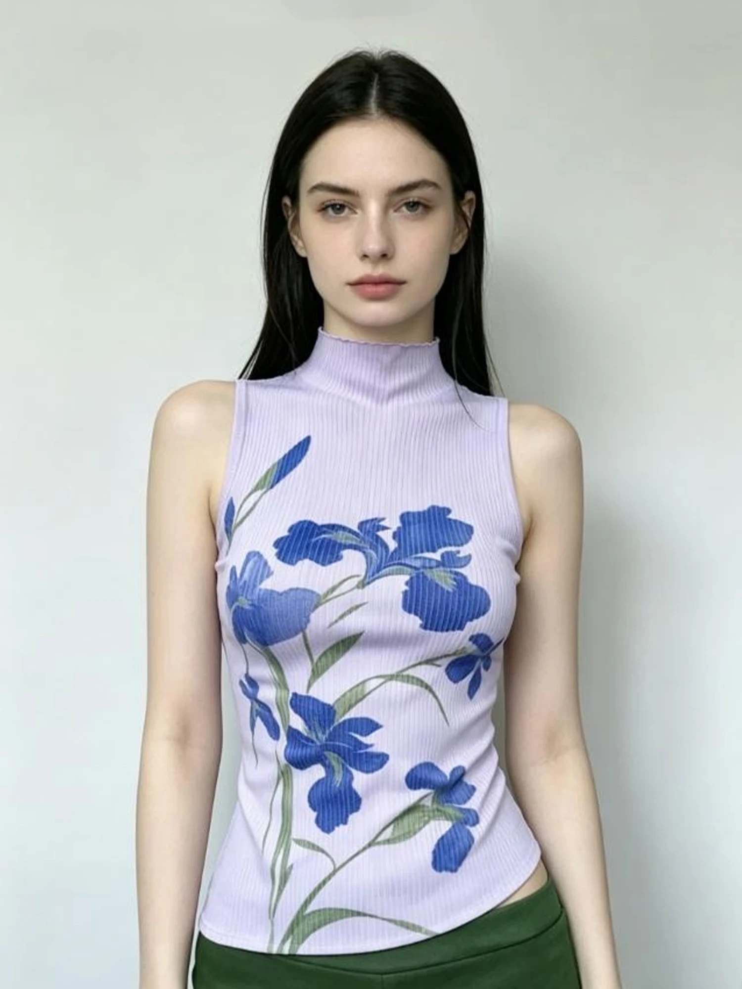 Women's Purple Chinese Style Print Camisole Turtleneck Sleeveless Tank Top Y2K Gyaru Elegant Slim Fit Cami Top for Women Summer