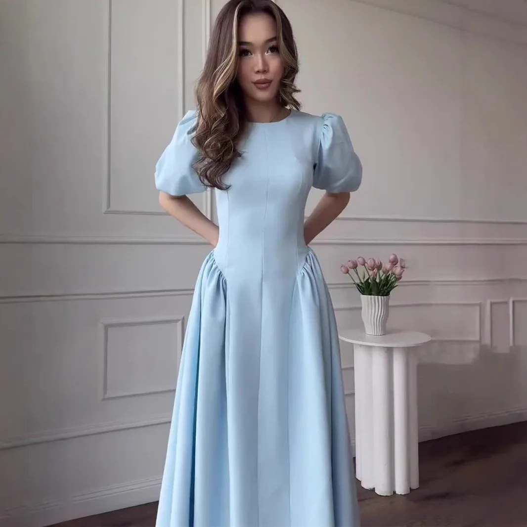 Amerikanischen Europäischen Sommer Neue Mode 2025, frauen Vintage Süße Einfarbig Casual Trendy Oansatz Kurze Puff Sleeve Kleid Weibliche
