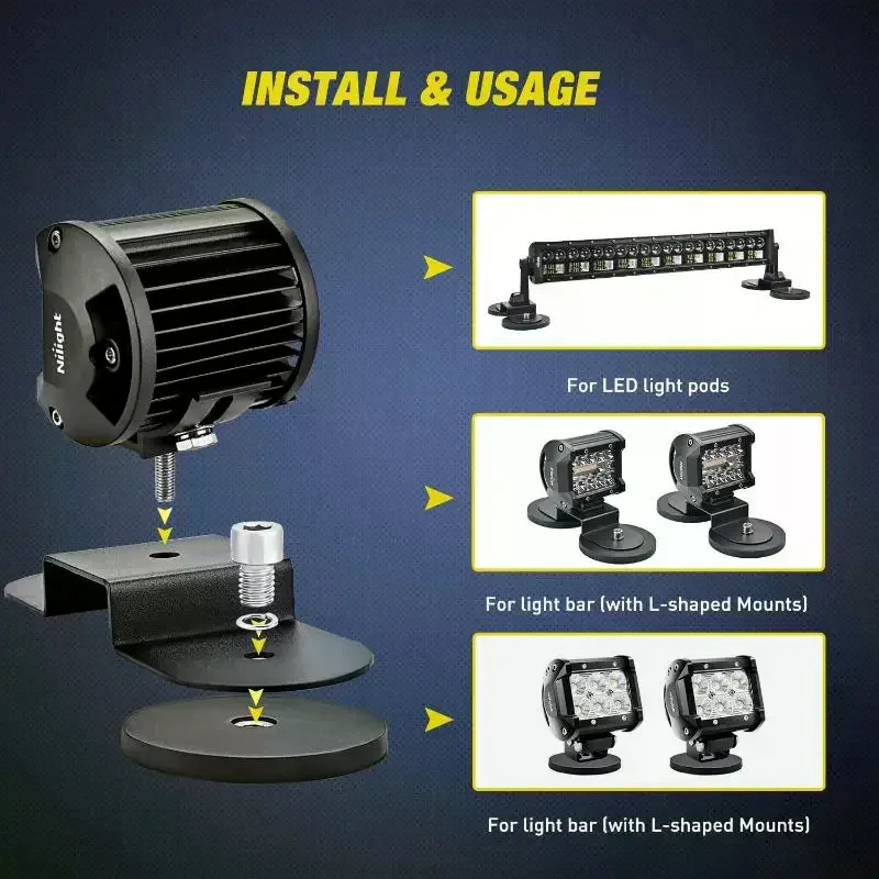 SUV Offroad DIY Accessory: 1pc LED Light Bar Holder, Magnetic Base Mount Bracket Clamp, 22/31/36/43mm M4 Bolt