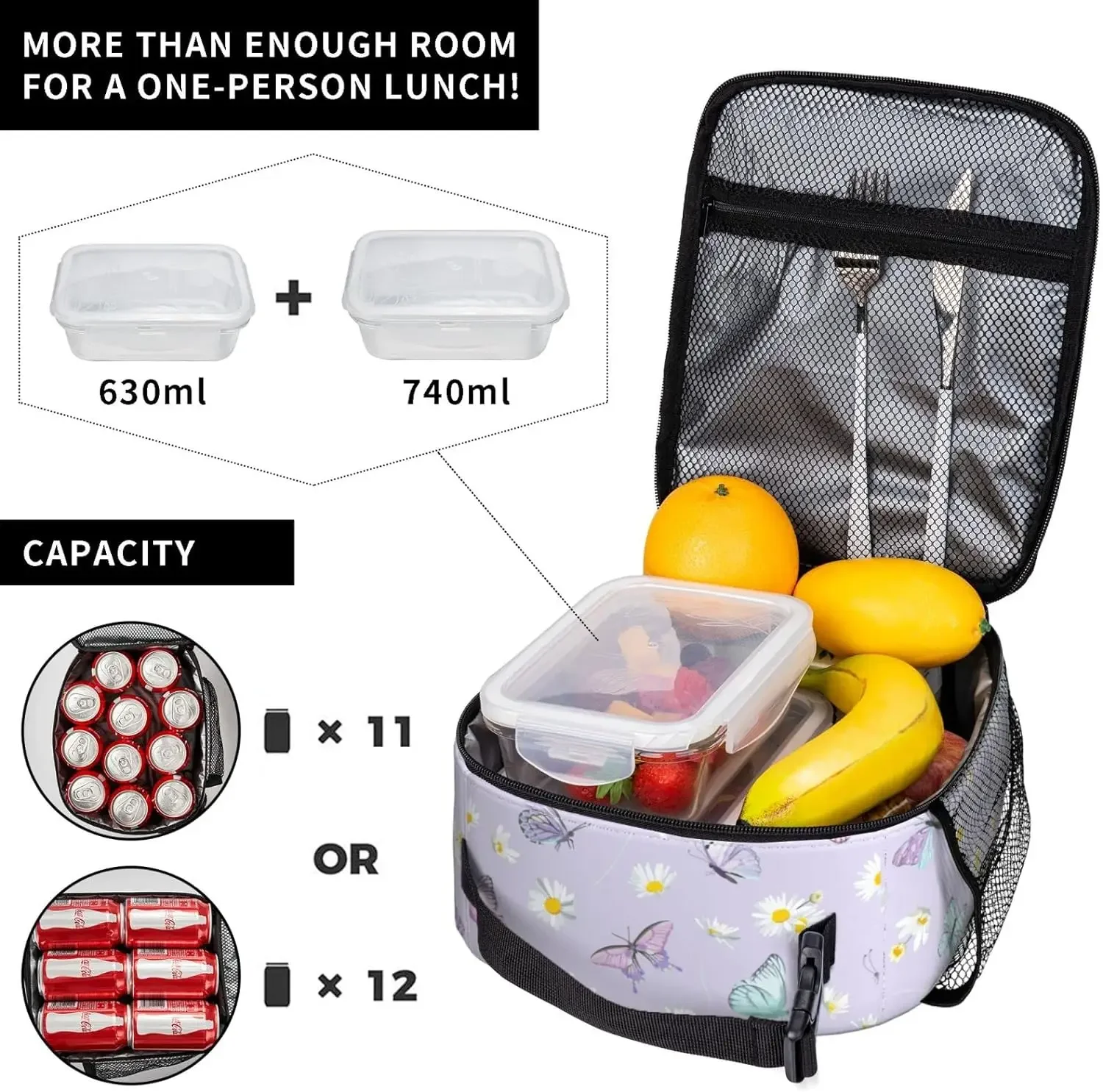 Lunch Bag Daisy Flower Insulated  Girl Women Reusable Leakproof Food Tote Container with Side Pocket