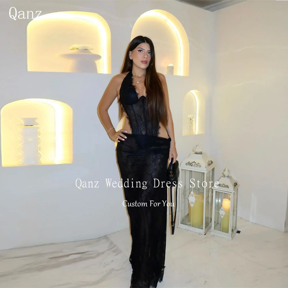 

Qanz Black Lace Prom Dress Halter Neck Sleeveless Sexy Evening Dresses Appliques Mermaid Corset Robes De Soirée Customized