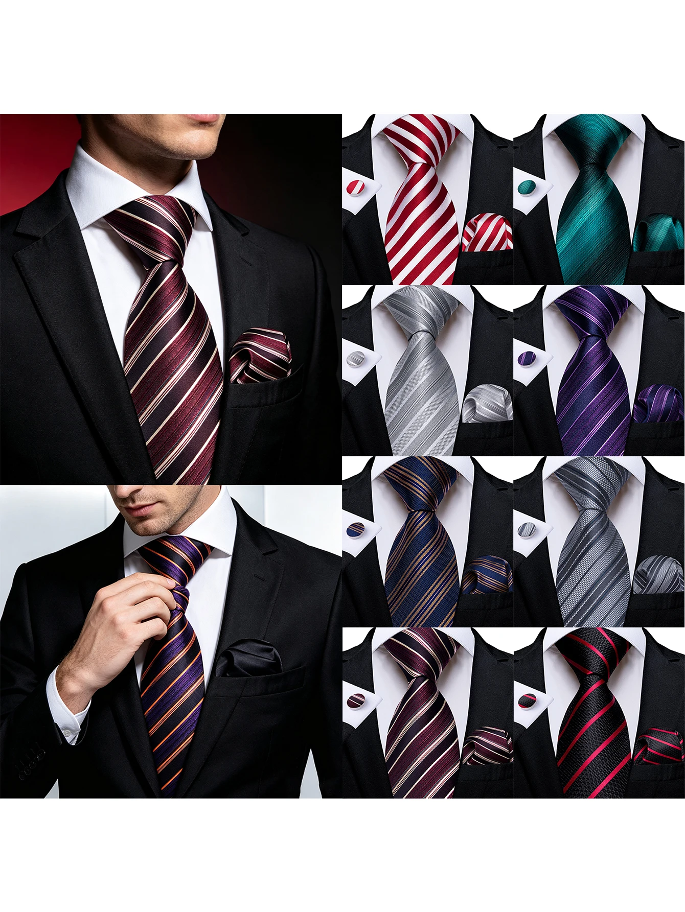 3Pcs Elegant Striped Necktie Set Mens Tie Handkerchief Cufflinks for Formal Business Banquet Wedding Party Office Groom Event