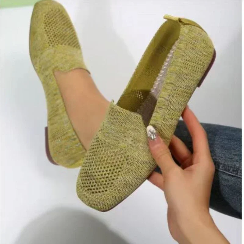 Solid Color Square Toe Mesh Loafers Shallow Women Flats Shoes Soft Bottom Knit Ballet Flats Shoes Casual Slip on Boat Shoes 2024