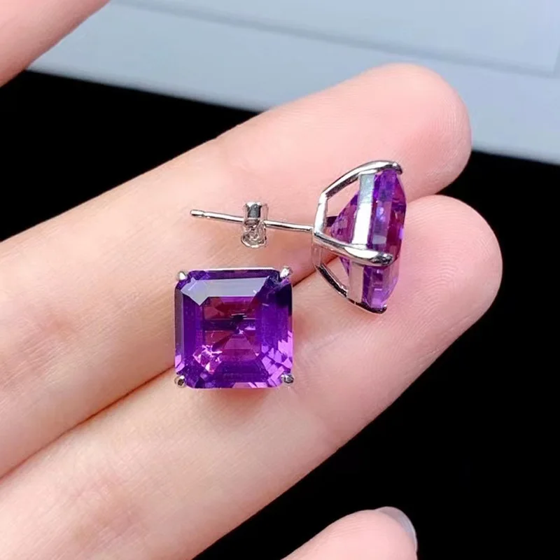 

Total 10ct Natural Amethyst 10mm*10mm VVS Grade Amethyst Stud Earrings Prevent Allergy 925 Silver Jewelry with Gold Plating