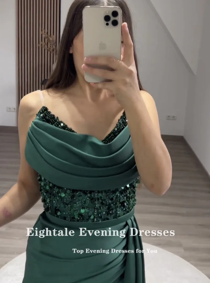 Eightale Green Evening Dress for Wedding Party Beaded V-Neck Pleats Mermaid Satin Prom Gowns vestido elegante mujer para fiesta