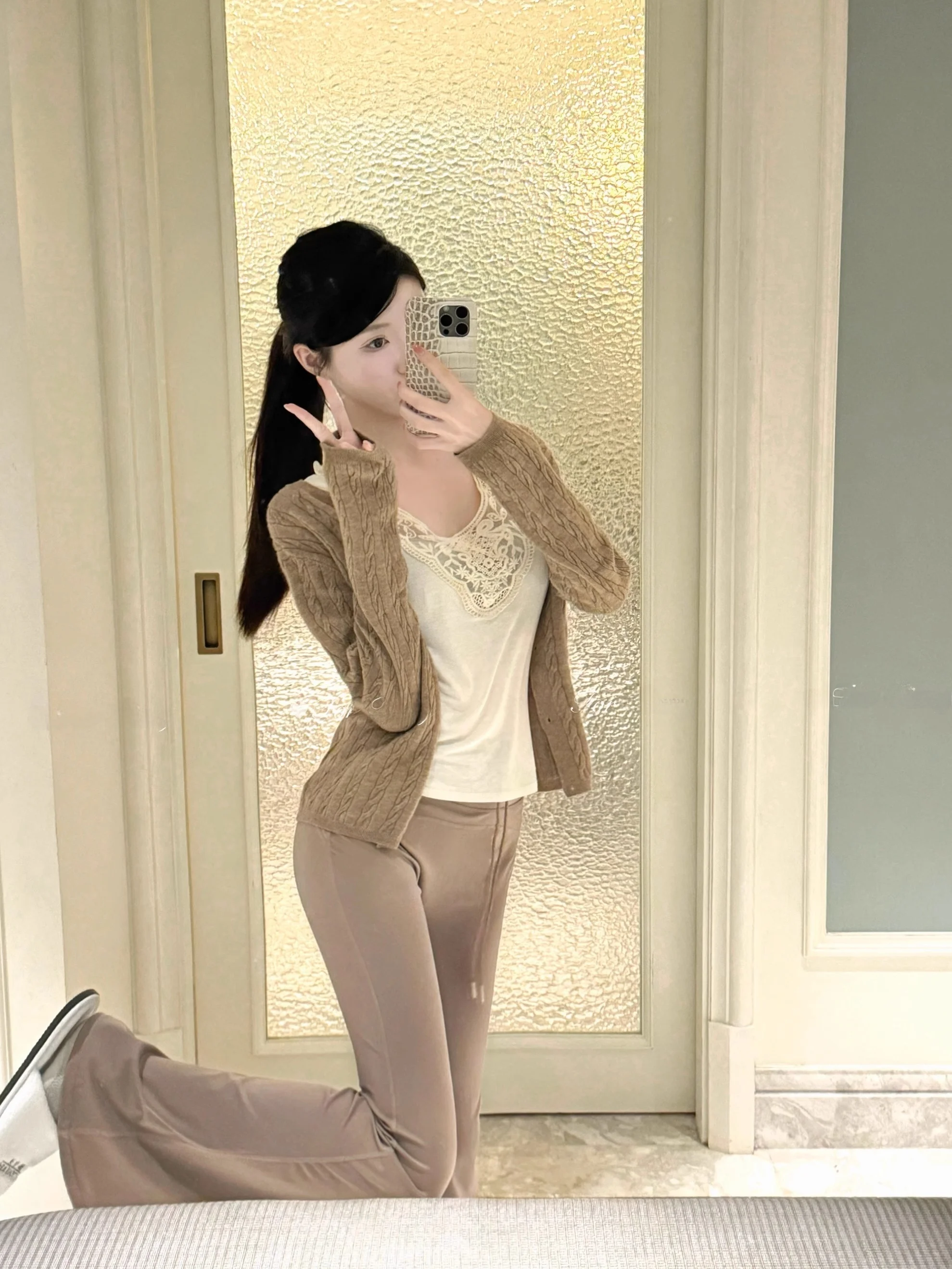 

Повседневный универсальный вязаный свитер с длинными рукавами Tiany【Pine Tea a】, кардиган свободного кроя с узором «косы», однотонный, для повседневной носки