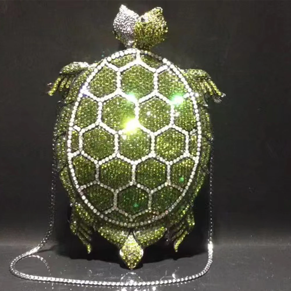 Luxury Green Turtle Crystal Evening Bag Diamond Party Purse Fashion Novelty Women Clutch Hard Case  Metal Minaudiere Rhinestone